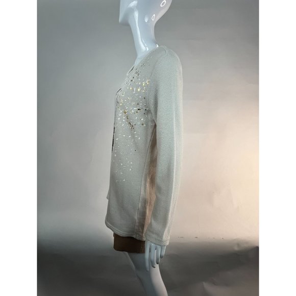 STYLE & CO Holiday Snow Globe Christmas Top Sz M Beige Cotton Blend Blemish - Picture 6 of 16